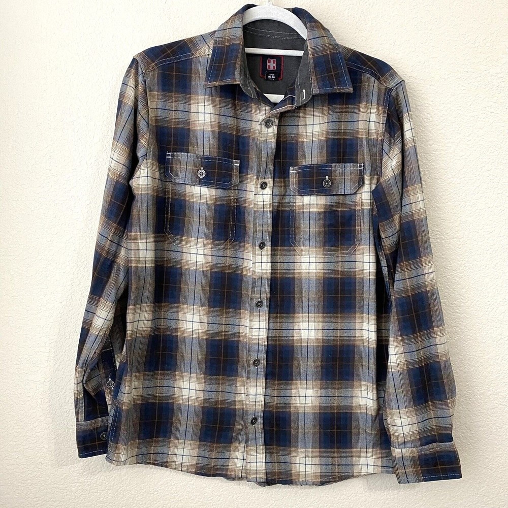 Swiss Tech Mens Shirt Small Mambo Brown Plaid Button Front SM47Y118 L4